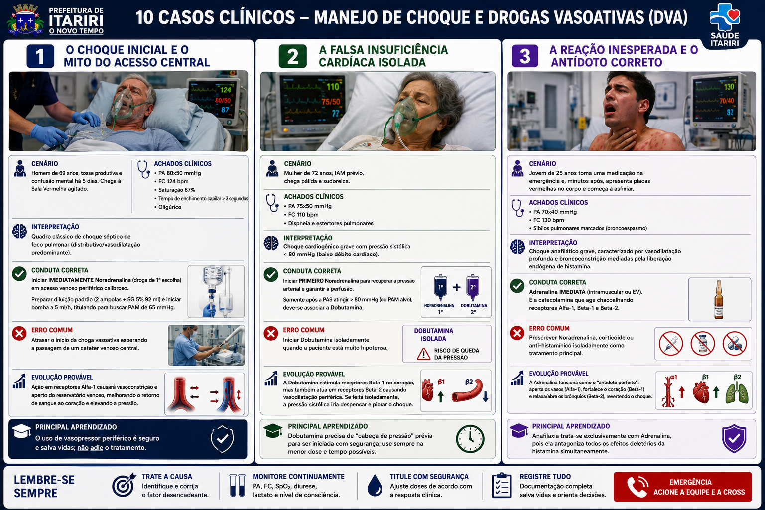 Painel dos casos clínicos 1, 2 e 3 sobre choque séptico, cardiogênico e anafilático.